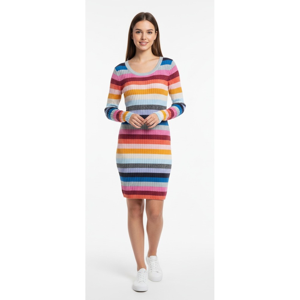 GAP Sweater Dress M Crazy Happy Stripe Ribbed Stretch Rainbow Preppy Cute Vtg